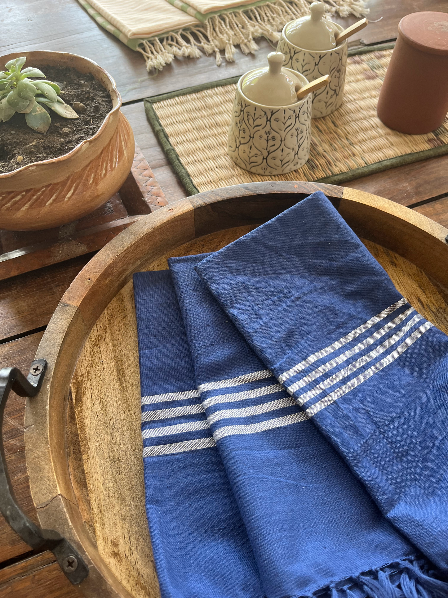 Hand Woven Napkin - Navy and white