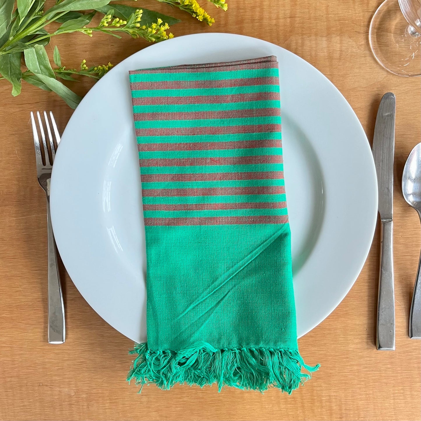 Hand Woven Napkin - Green and Red Stripe