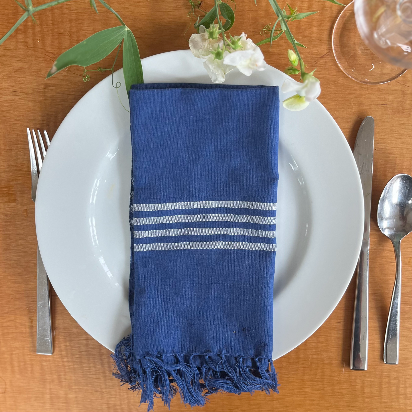 Hand Woven Napkin - Navy and white